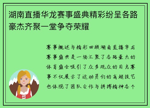 湖南直播华龙赛事盛典精彩纷呈各路豪杰齐聚一堂争夺荣耀