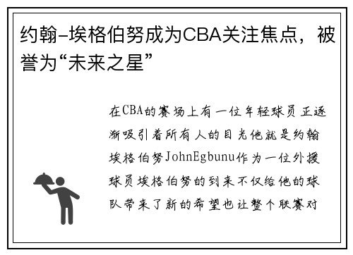 约翰-埃格伯努成为CBA关注焦点，被誉为“未来之星”